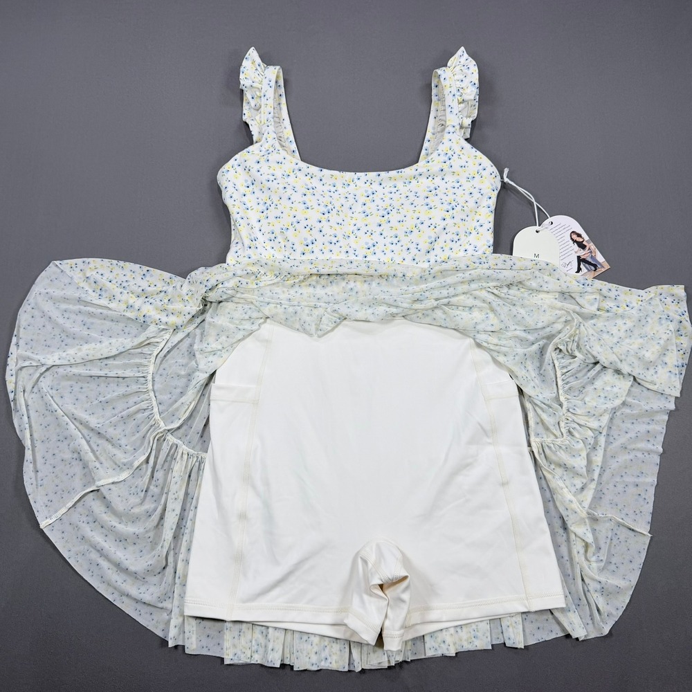 Blogilates Women M White Floral Recycled Poly Ballerina Ruffle Active Mini Dress - Picture 2 of 9